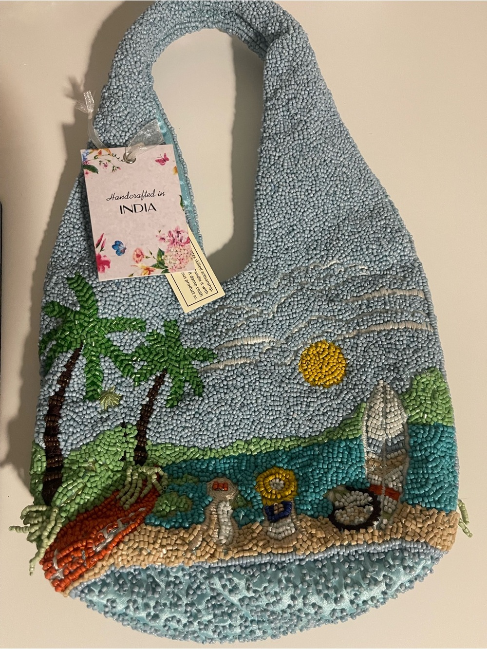 Made in India- Handcrafted Beaded Beach Scene Tote - Light Blue